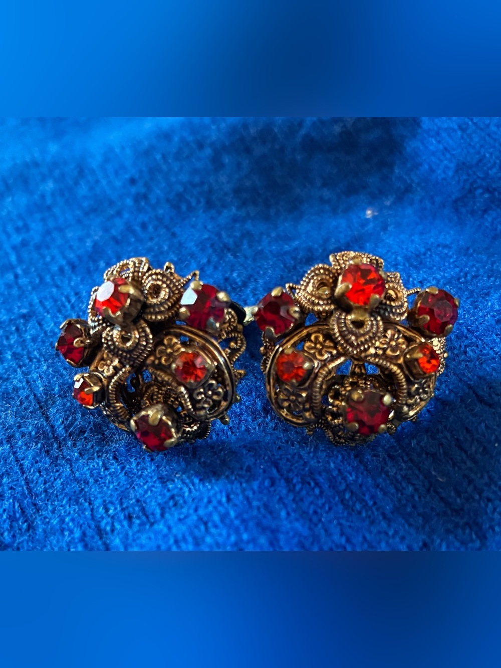 Vintage Antique Clip-on Prong Set Red Garnet/Rhinestone Signed Earrings